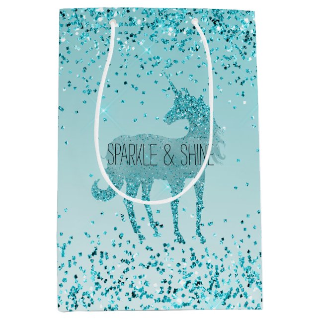 Girly Glitz Aqua Turquoise Glitter Unicorn Medium Gift Bag (Front)