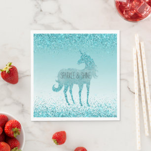 Girly Glitz Aqua Turquoise Glitter Unicorn Napkin