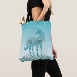 Girly Glitz Aqua Turquoise Glitter Unicorn Tote Bag