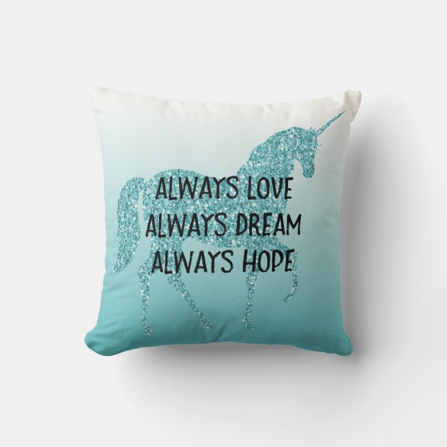 Girly Glitzy Glitter Aqua Unicorn Cushion (Front)