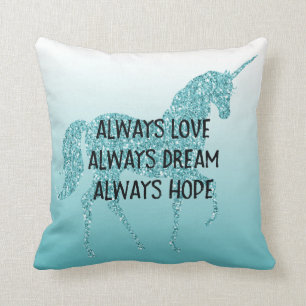 Girly Glitzy Glitter Aqua Unicorn Cushion