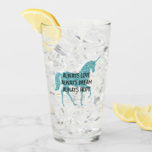 Girly Glitzy Glitter Aqua Unicorn Glass
