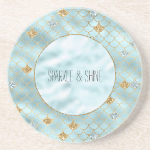 Girly Gold Aqua Blue Glitter Mermaid Quote Coaster