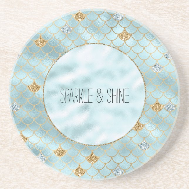 Girly Gold Aqua Blue Glitter Mermaid Quote Coaster (Front)