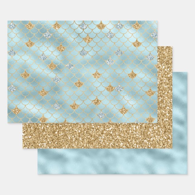 Girly Gold Aqua Blue Glitter Mermaid Quote Wrapping Paper Sheet (Set)