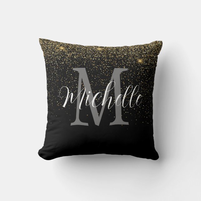 Girly Gold Black Glitter Monogram and Name   Cushion (Front)