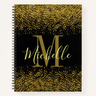 Girly Gold Black Glitter Monogram Name Notebook