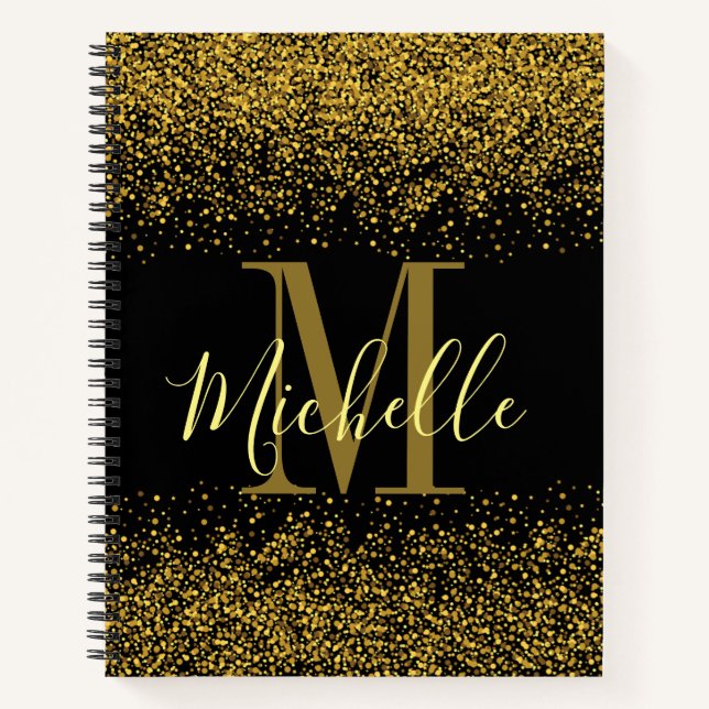 Girly Gold Black Glitter Monogram Name Notebook (Front)