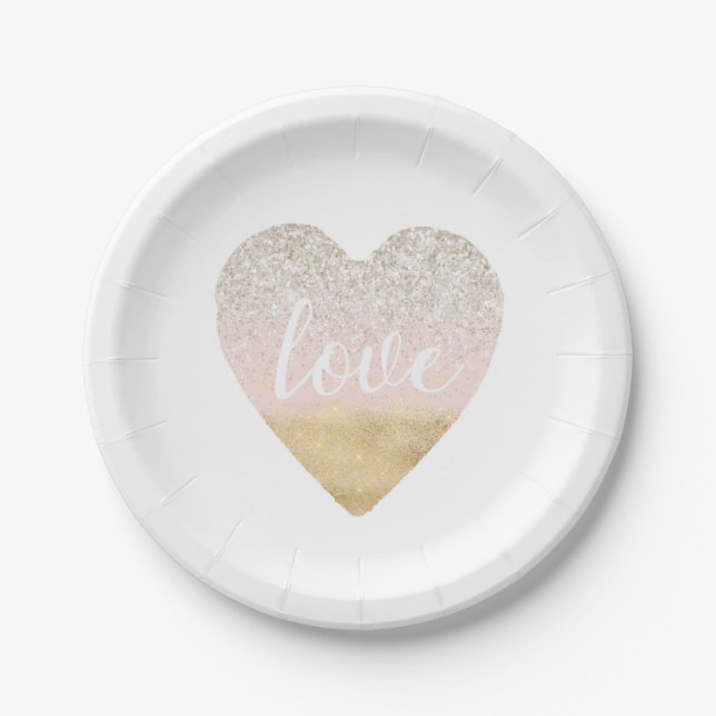 Girly Gold Blush Pink Love Heart Paper Plate (Front)