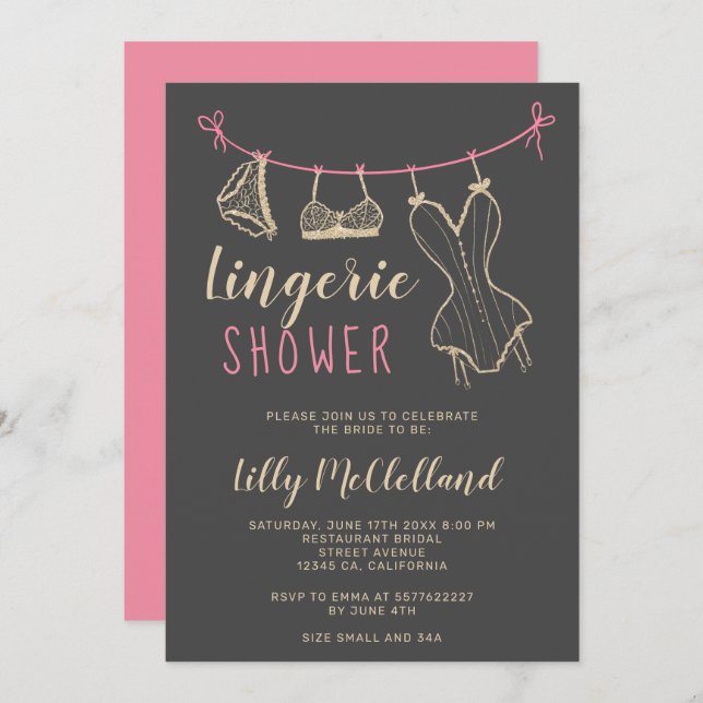 Girly gold clothesline chic lingerie bridal shower invitation (Front/Back)