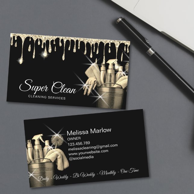 Girly Gold Commercial House Cleaning Housekeeping Business Card (cleaning bucket full of cleaning tools, gold color on black background)