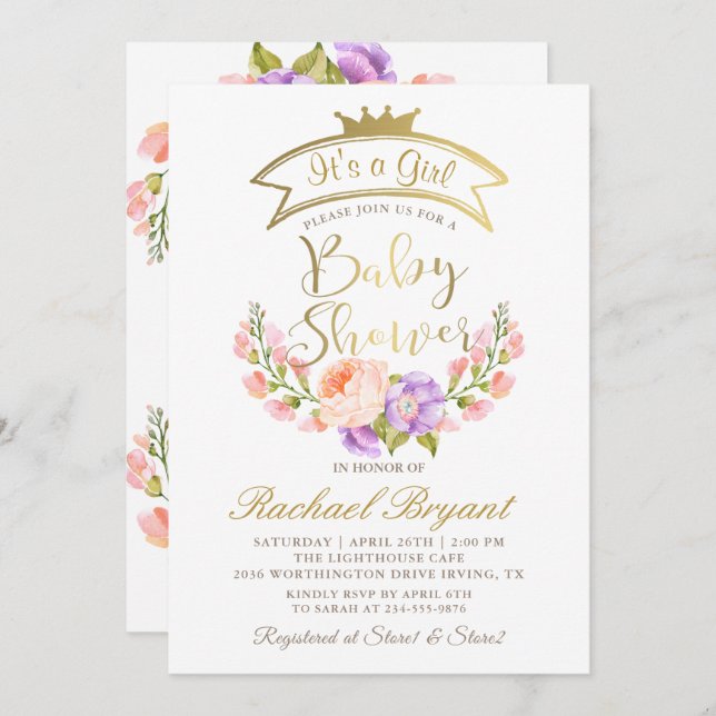 Girly Gold Crown Elegant Pink Floral Baby Shower Invitation (Front/Back)