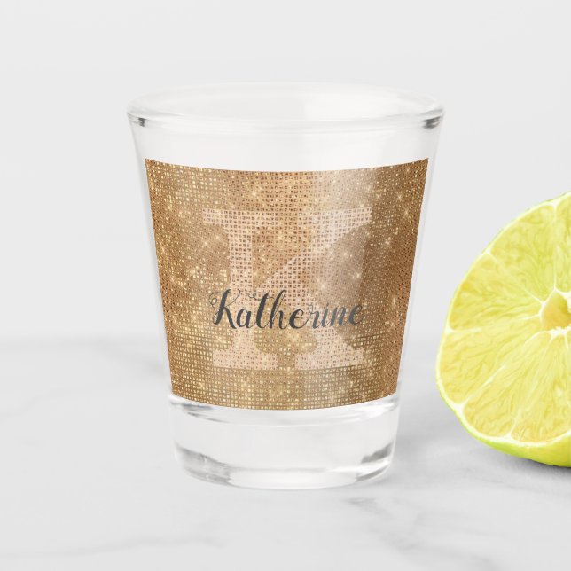 Girly Gold Diamond Sparkle Fun Chic Monogram Name Shot Glass (Front)