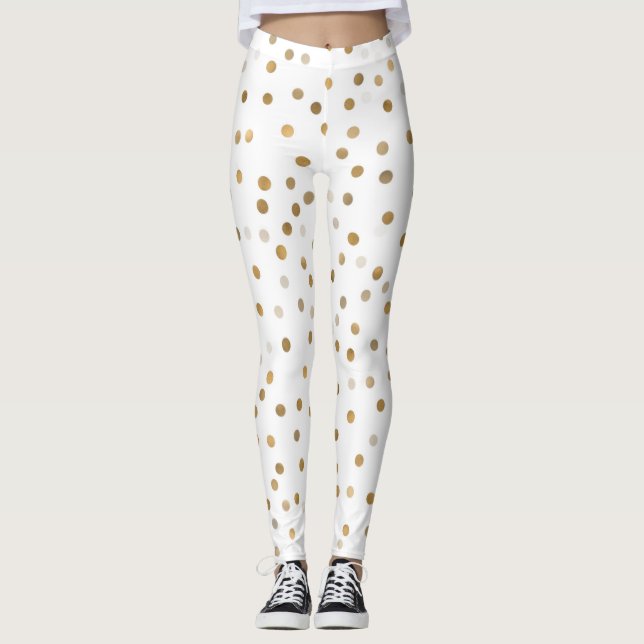 Girly Gold Dots Confetti White Design Leggings (Front)