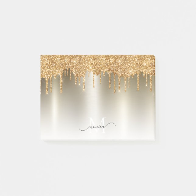 Girly Gold Dripping Glitter Monogram Name Post-it Notes (Front)