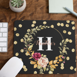 Girly Gold Faux & Floral Wreath Monogram Mouse Pad