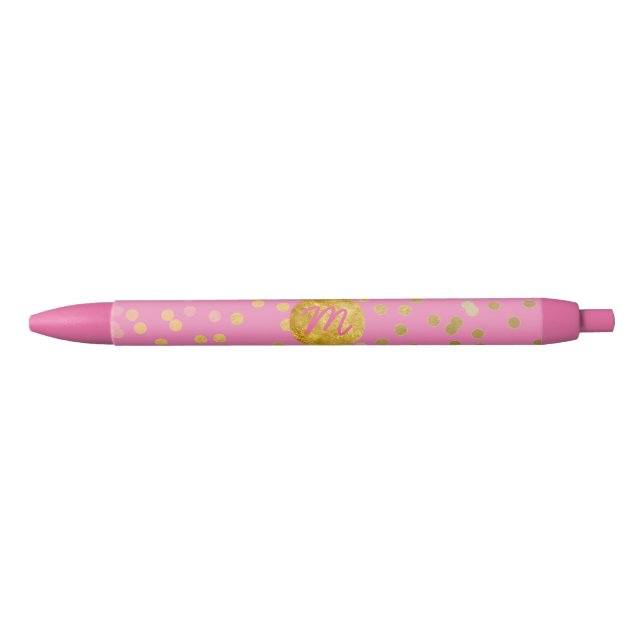 girly gold foil dots monogram on pink black ink pen (Front)