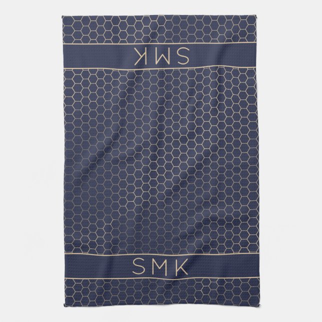 Girly Gold Foil Navy Blue Geometric Monogram Tea Towel (Vertical)