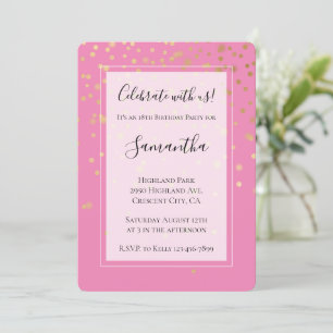 Girly Gold Glam Confetti Dots Pink Birthday Invitation