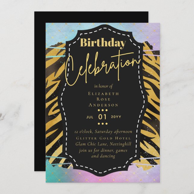 Girly Gold Glitter Animal Print Birthday ANY Age Invitation (Front/Back)