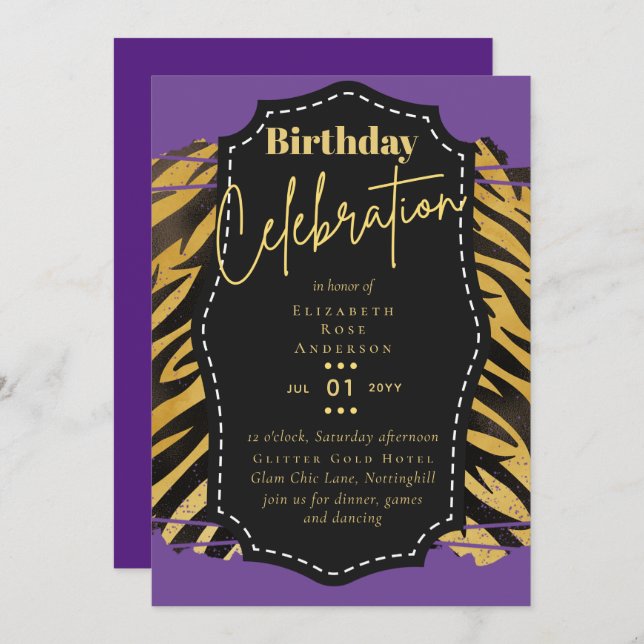 Girly Gold Glitter Animal Print Birthday ANY Age Invitation (Front/Back)