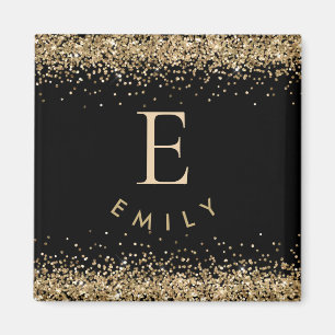 Girly Gold Glitter Black Monogram Initial Name Magnet