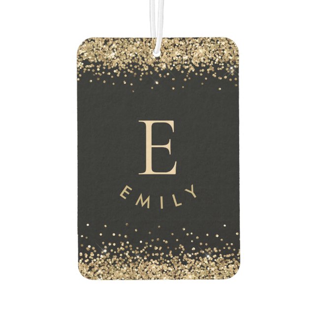 Girly Gold Glitter Black Monogram Name Initial Car Air Freshener (Back)