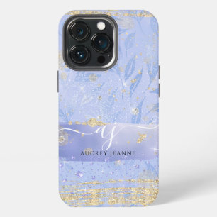 Girly Gold Glitter Blue Jewel Foliage Script Name iPhone 13 Pro Case