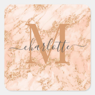 Girly Gold Glitter Blush Pink Marble Monogram Name Square Sticker