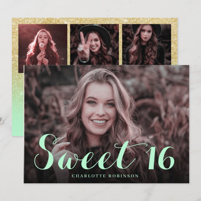 Girly gold glitter chic mint 4 photo sweet 16 invitation (Front/Back)