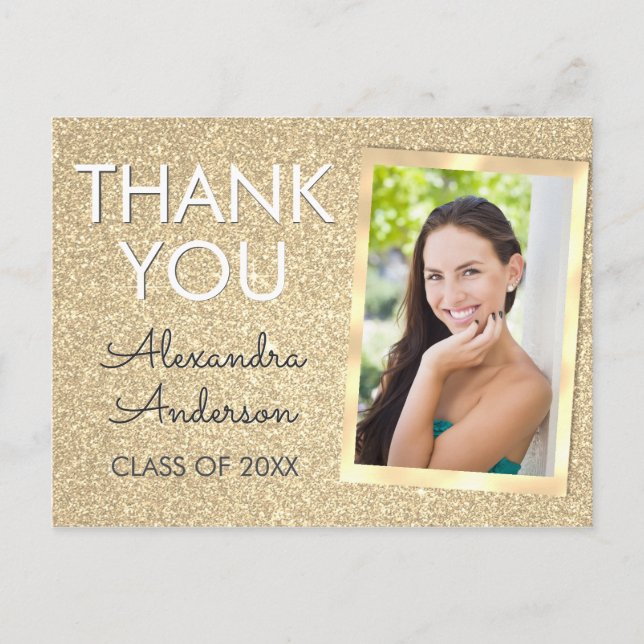 Girly Gold Glitter Graduation Thank You Postcard (Front)