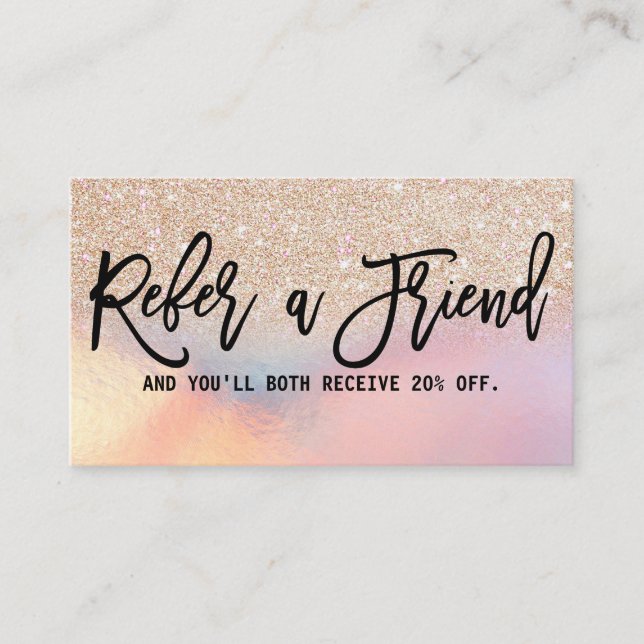 Girly Gold Glitter Iridescent Holographic Ombre Referral Card (Front)