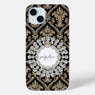 Girly Gold Glitter Jewels w Black Damask Monogram iPhone 15 Mini Case