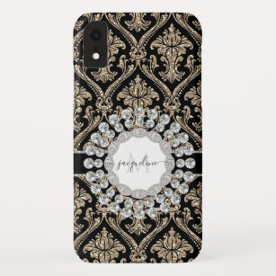 Girly Gold Glitter Jewels w Black Damask Monogram Case-Mate iPhone Case