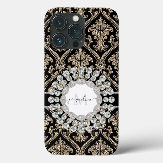 Girly Gold Glitter Jewels w Black Damask Monogram Case-Mate iPhone Case (Back)