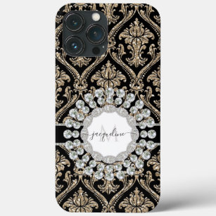 Girly Gold Glitter Jewels w Black Damask Monogram iPhone 13 Pro Max Case