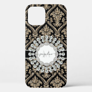 Girly Gold Glitter Jewels w Black Damask Monogram iPhone 12 Pro Case