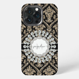 Girly Gold Glitter Jewels w Black Damask Monogram iPhone 13 Pro Case