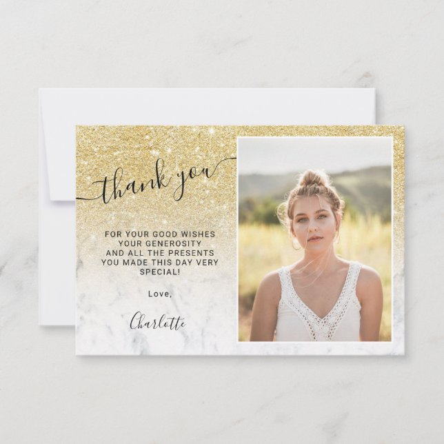 Girly  gold glitter marble ombre 3 photos Sweet 16 Thank You Card (Front)