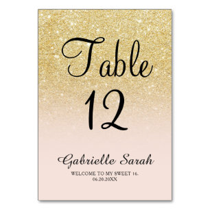 Girly gold glitter pink ombre sweet 16 table number