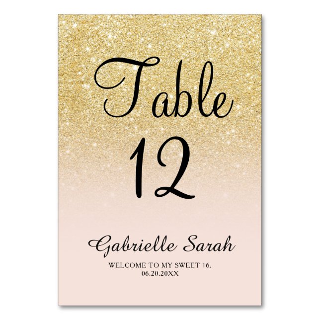 Girly gold glitter pink ombre sweet 16 table table number (Front)