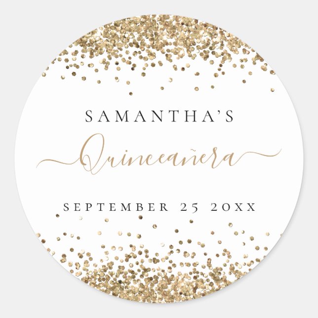  Girly Gold Glitter Quinceañera Name Date Classic Round Sticker (Front)