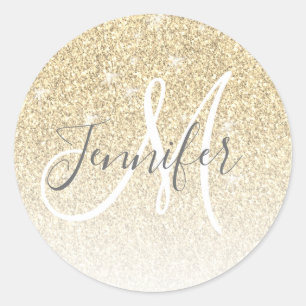 Girly Gold Glitter Sparkle Monogram Name  Classic Round Sticker