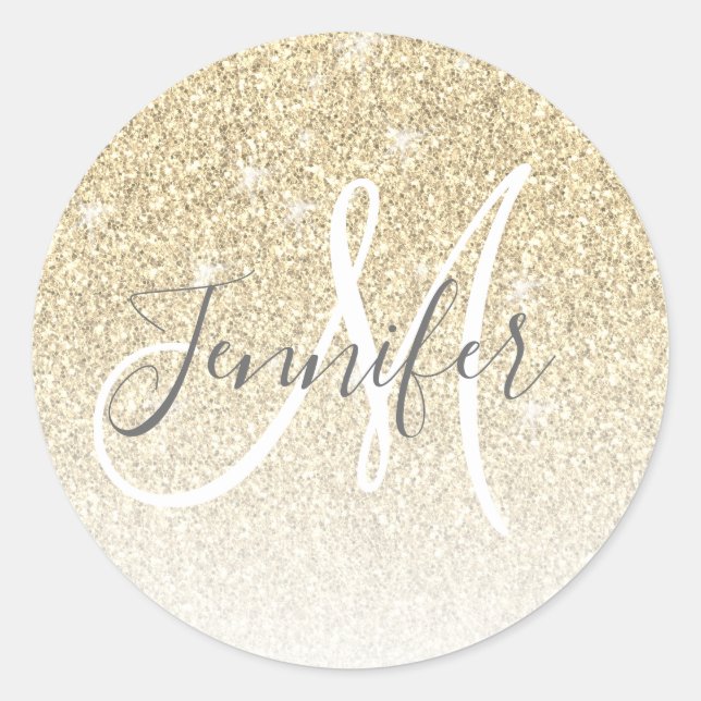 Girly Gold Glitter Sparkle Monogram Name  Classic Round Sticker (Front)