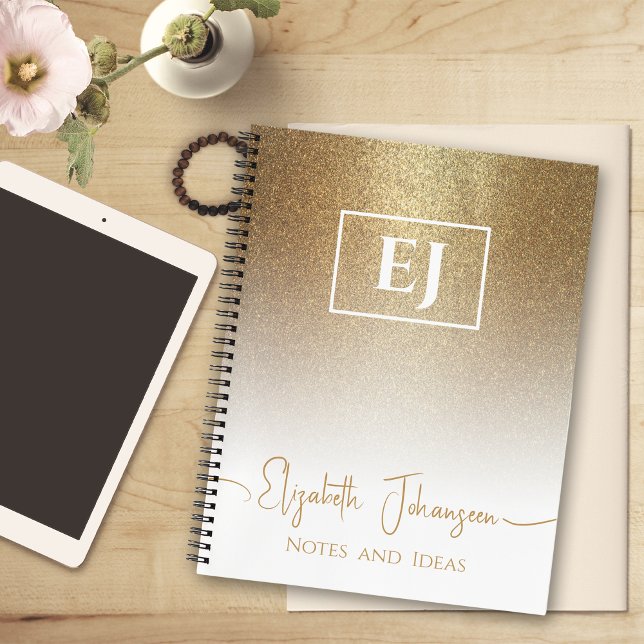 Girly Gold Glitter Sparkle White Chic Monogrammed Notebook (Creator Uploaded)