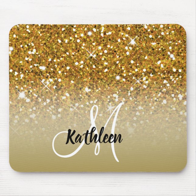 Girly Gold Glitter Sparkles Monogram Name Mouse Pad (Front)