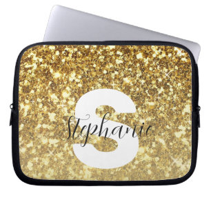 Girly Gold Glitter Sparkles Monogram Script Name Laptop Sleeve