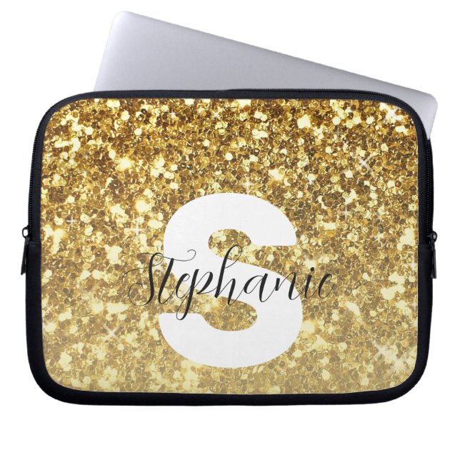 Girly Gold Glitter Sparkles Monogram Script Name Laptop Sleeve (Front)