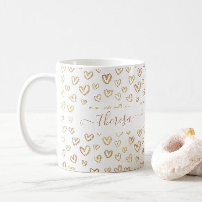 Girly Gold Hearts Custom Named Coffee Mug (With Donut)