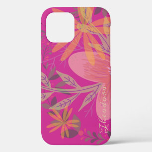Girly Gold Leaf Fuchsia Flower iPhone 12 Case